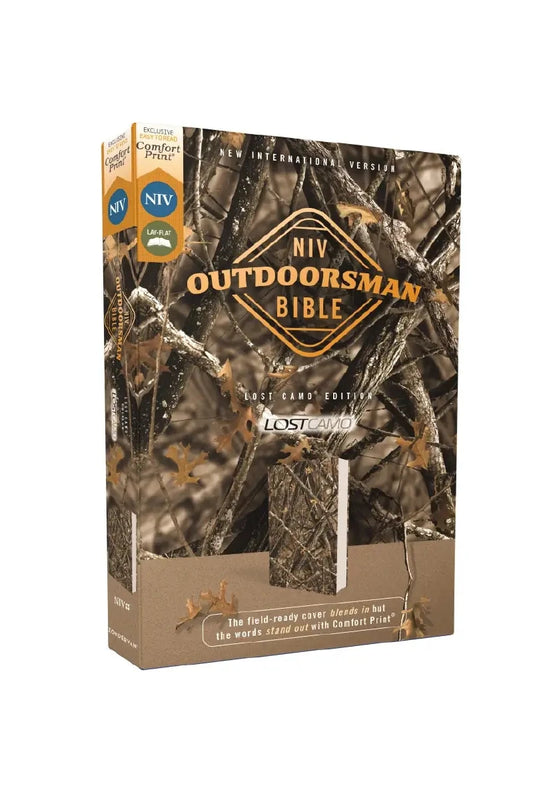 Camouflage-patterned Bible cover with 'NIV Outdoorsman Bible' text on a white background