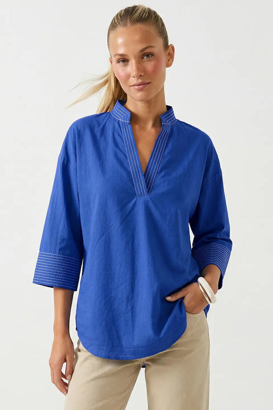 Contrast Stitch Blouse - Capri Blue
