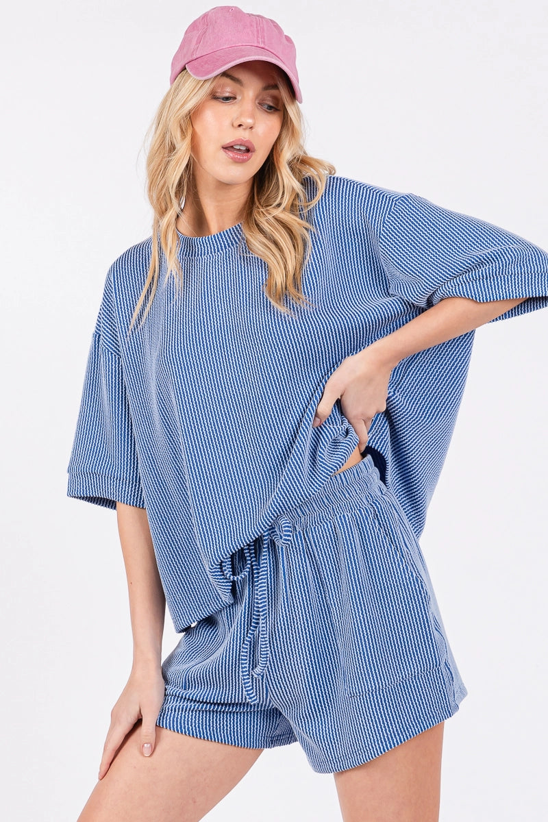 Blue Ribbed Top and Shorts Set