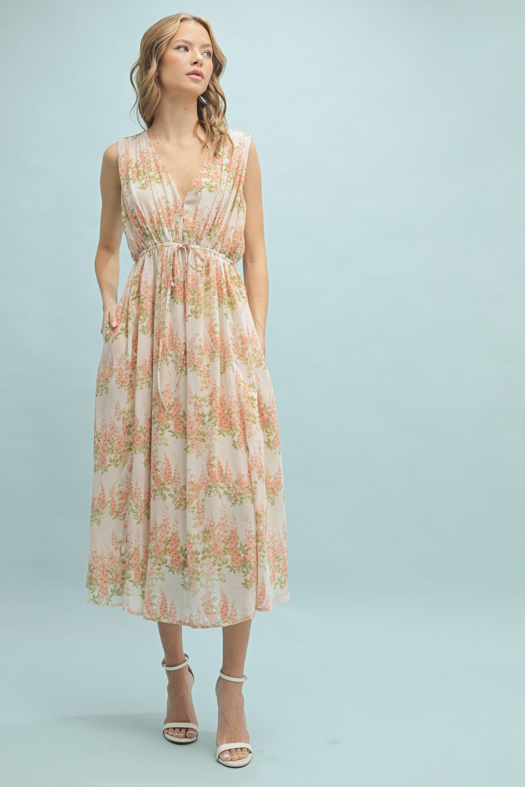 Peach Floral Midi Dress