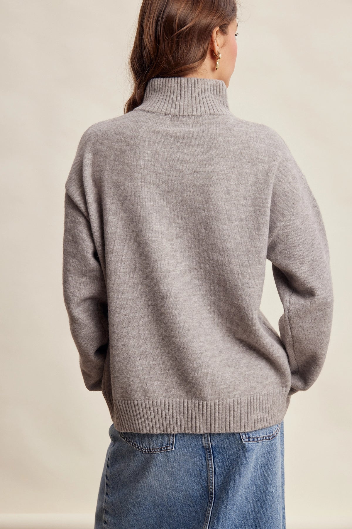 Grey Embroidered Quarter-Zip Sweater