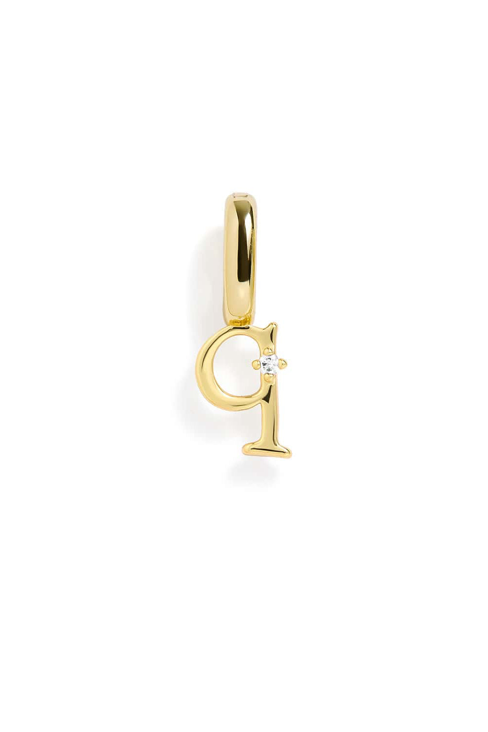 Gold pendant with letter 'Q' on a white background