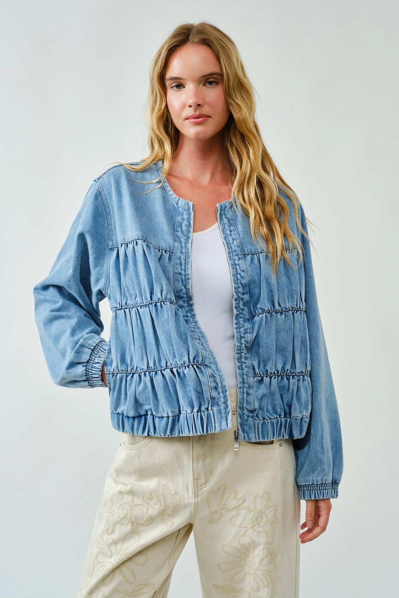 Ruched Seam Denim Bomber Jacket