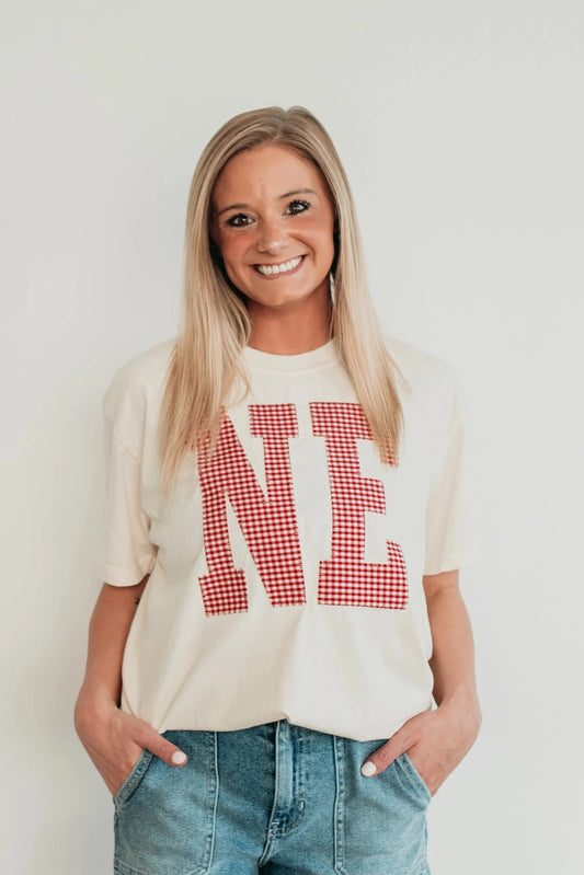 Gingham NE Applique Ivory Graphic Tee