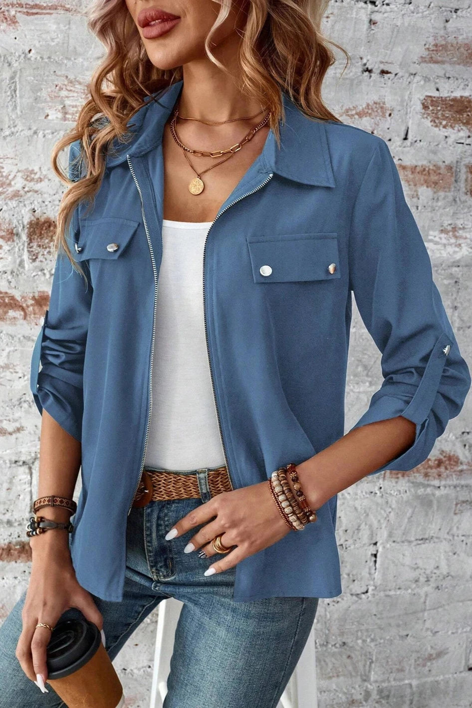 Sky Blue Zip Up Blouse