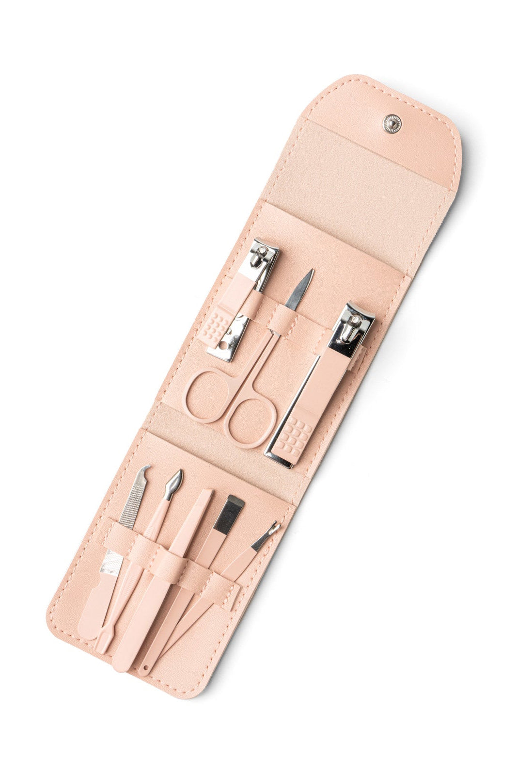 Manicure set with tools in a beige leather case on a white background