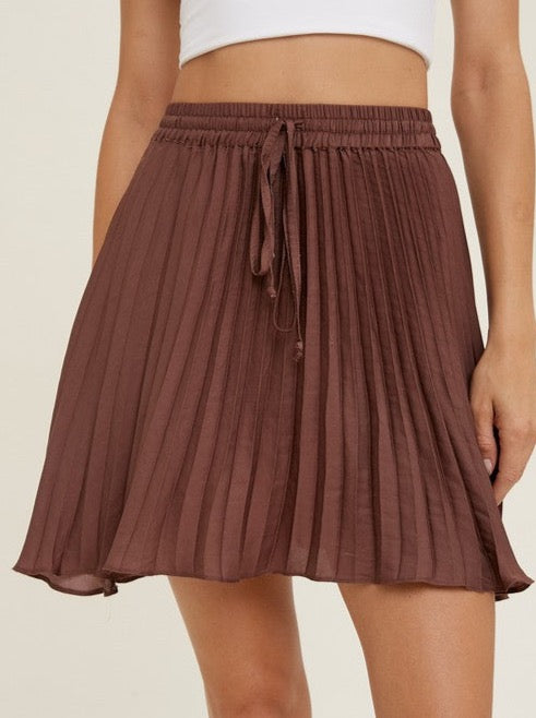 Brown Satin Pleated Mini Skirt