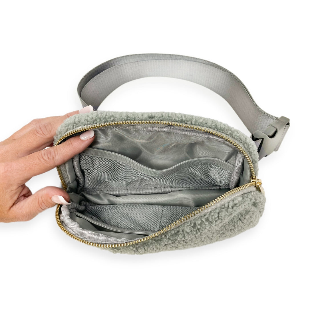 Cozy Grey Sherpa Belt Bag + Wallet Set