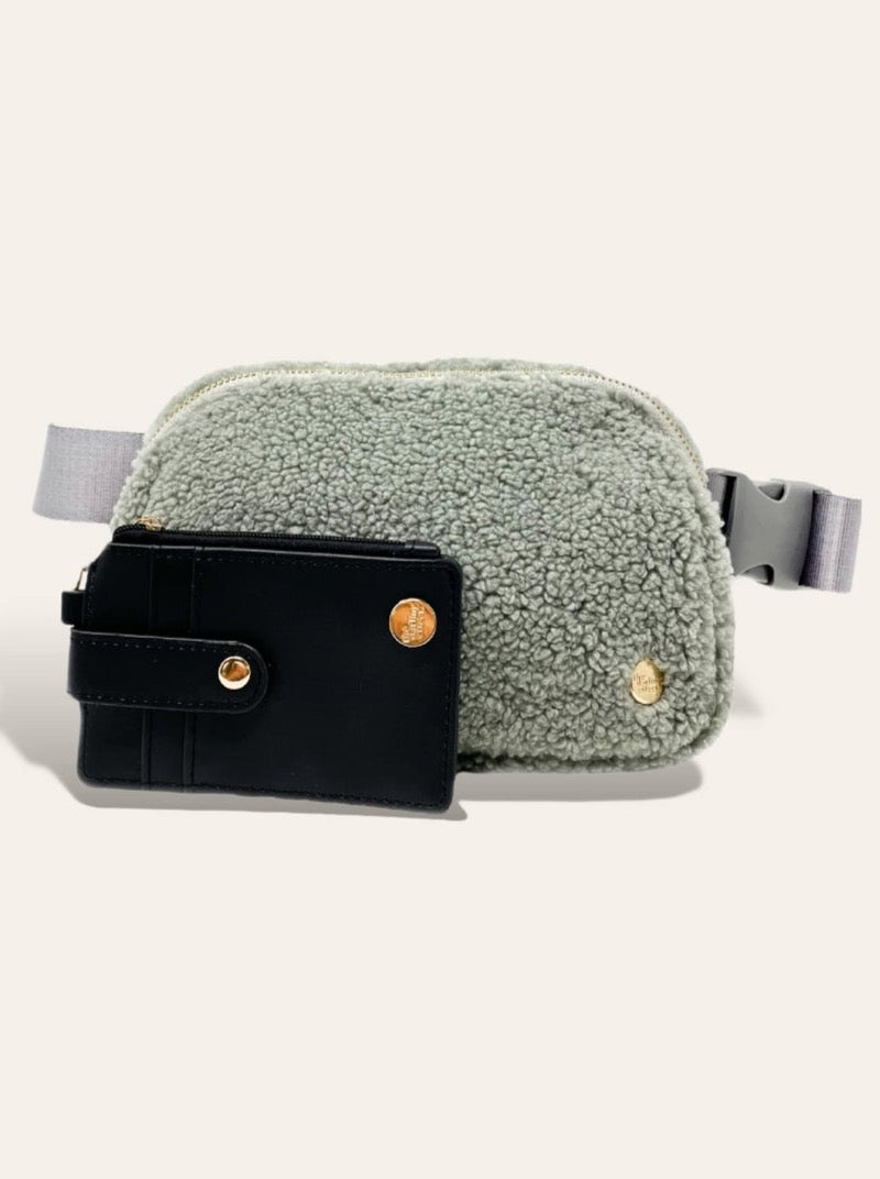 Cozy Grey Sherpa Belt Bag + Wallet Set