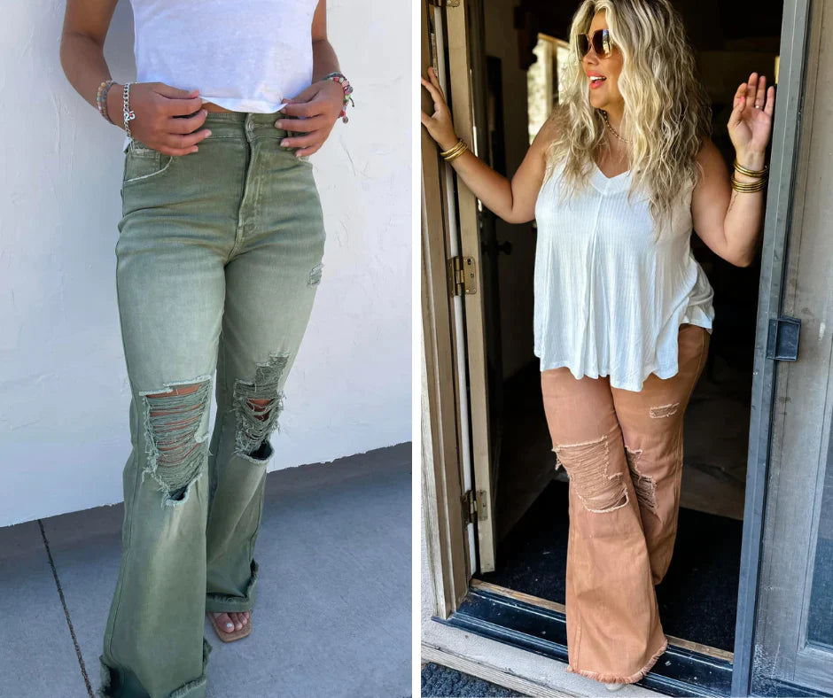 PREORDER: Blakeley Distressed Jeans In Olive and Camel (Online Exclusive)