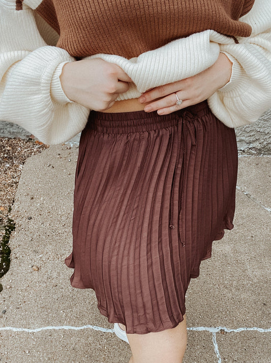 Brown Satin Pleated Mini Skirt