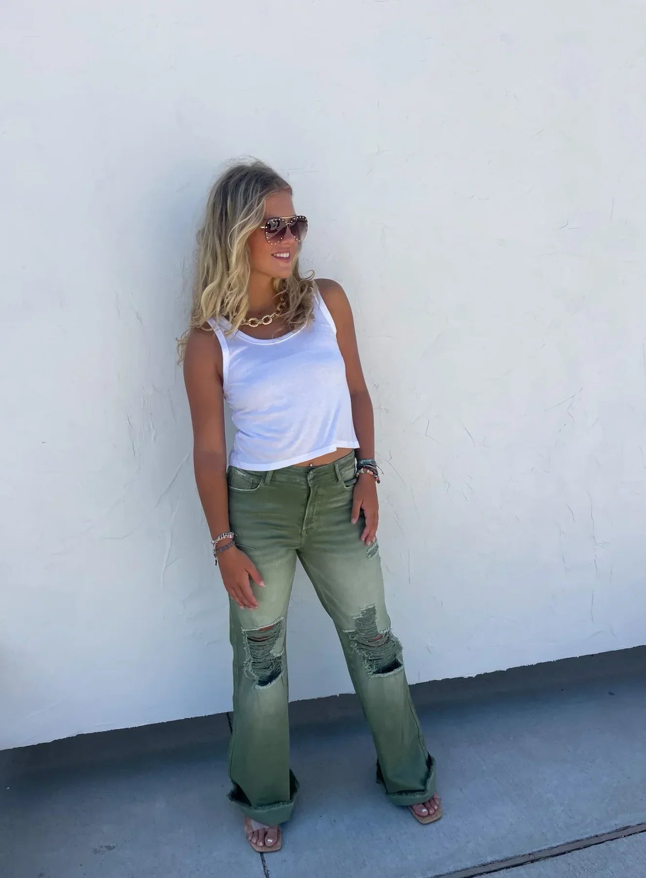 PREORDER: Blakeley Distressed Jeans In Olive and Camel (Online Exclusive)