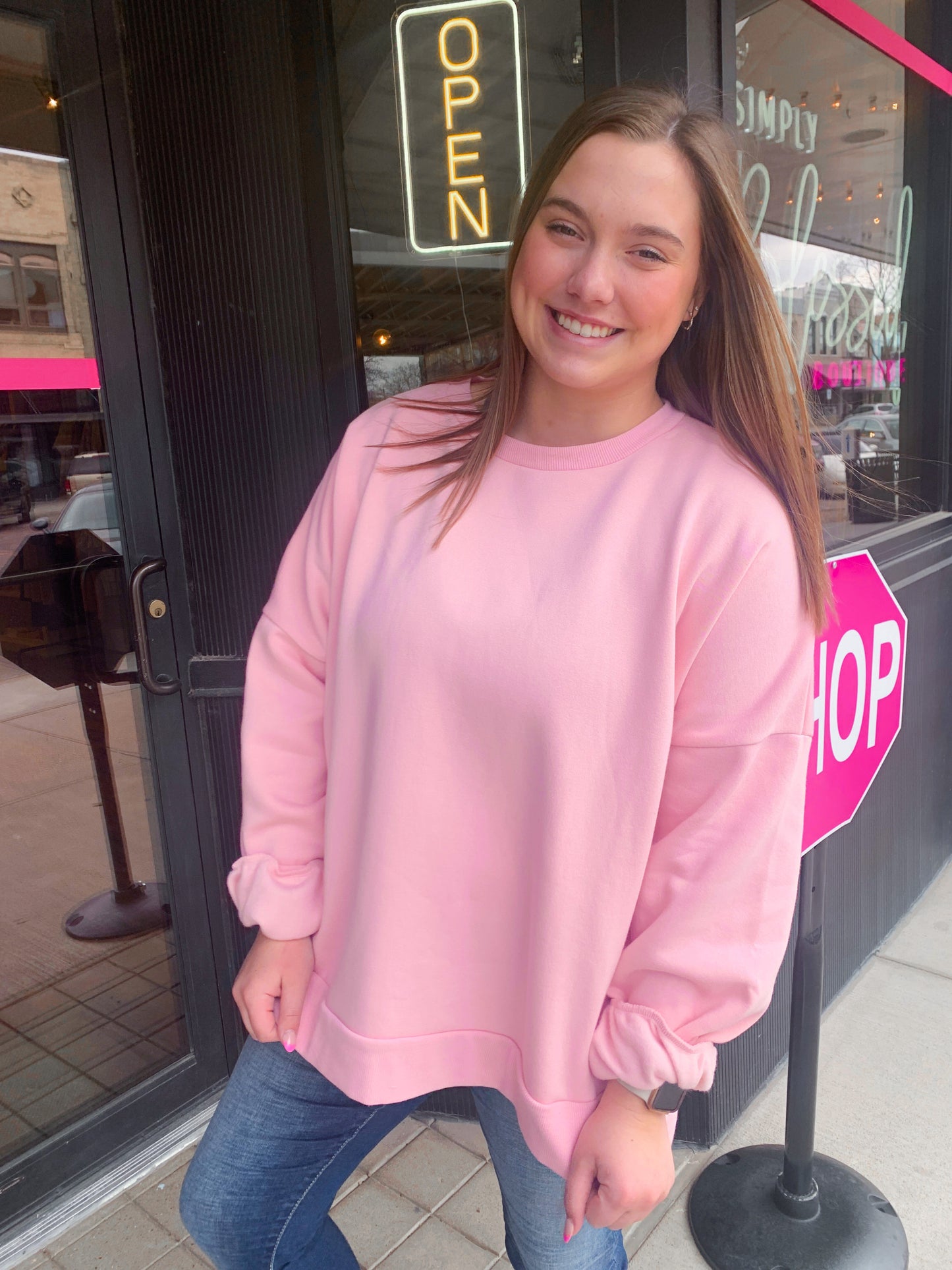 Plus Size Pink Crewneck with Side Pockets